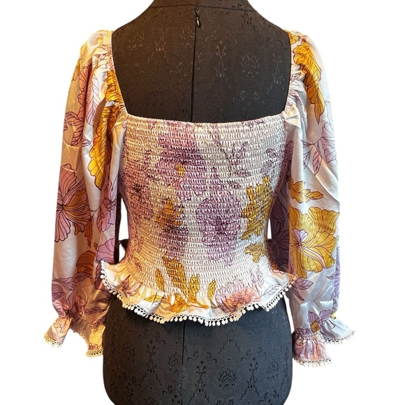 NWT En Saison Pink Satin Floral Smocked Wench Blouse New Boho Hippie Festival M - Picture 3 of 8